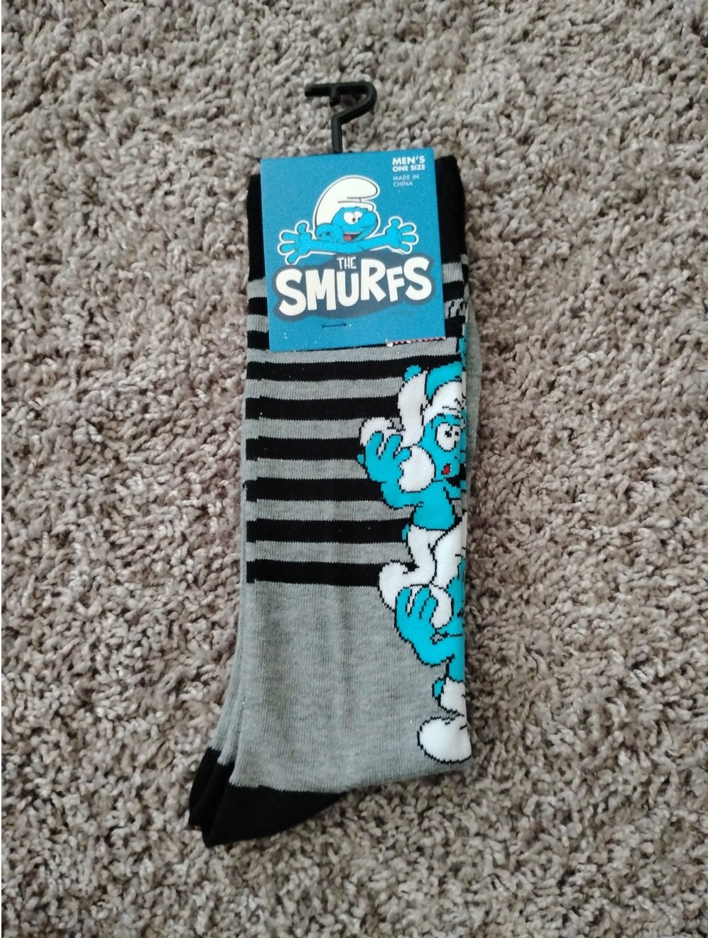NWT The Smurfs Men's Crew Socks Gray Black Striped Novelty Size 7-12 Official